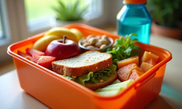 Lancheira colorida e saudável com sanduíche integral, frutas e água.