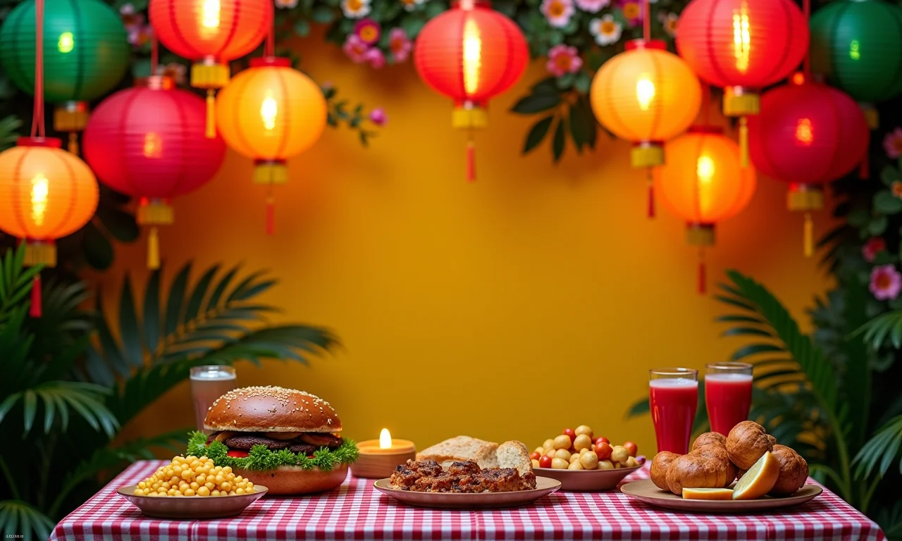 Lanternas chinesas coloridas decorando uma Festa Junina brasileira.