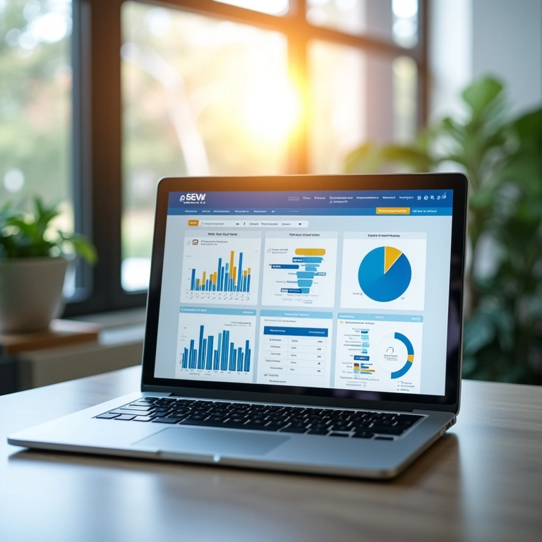 Laptop mostrando ferramentas de análise SEO.