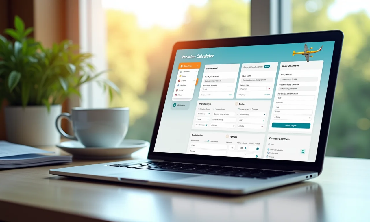 Laptop mostrando uma calculadora online de férias.