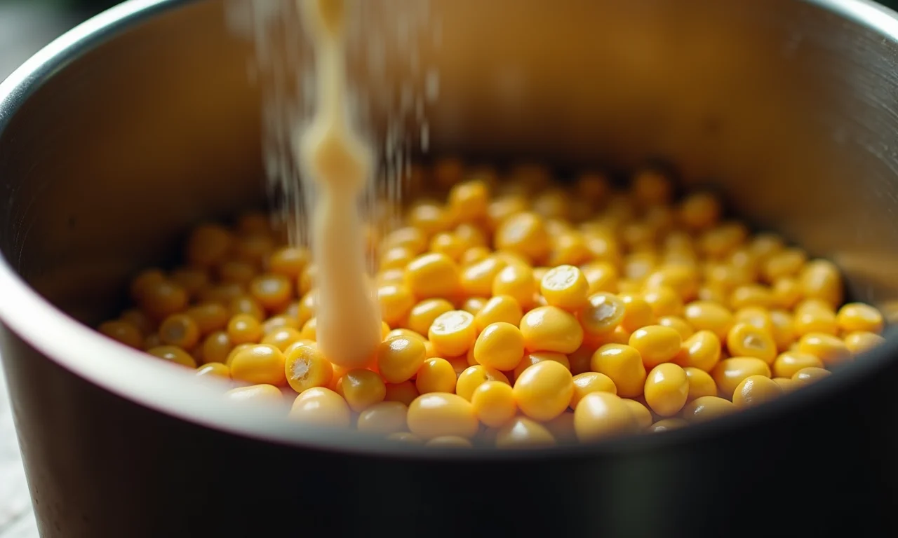 Lata de milho ao lado de panela com curau.