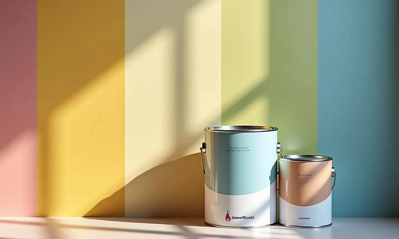 Latas de tinta Sherwin-Williams e amostras de cores para um sobradinho.