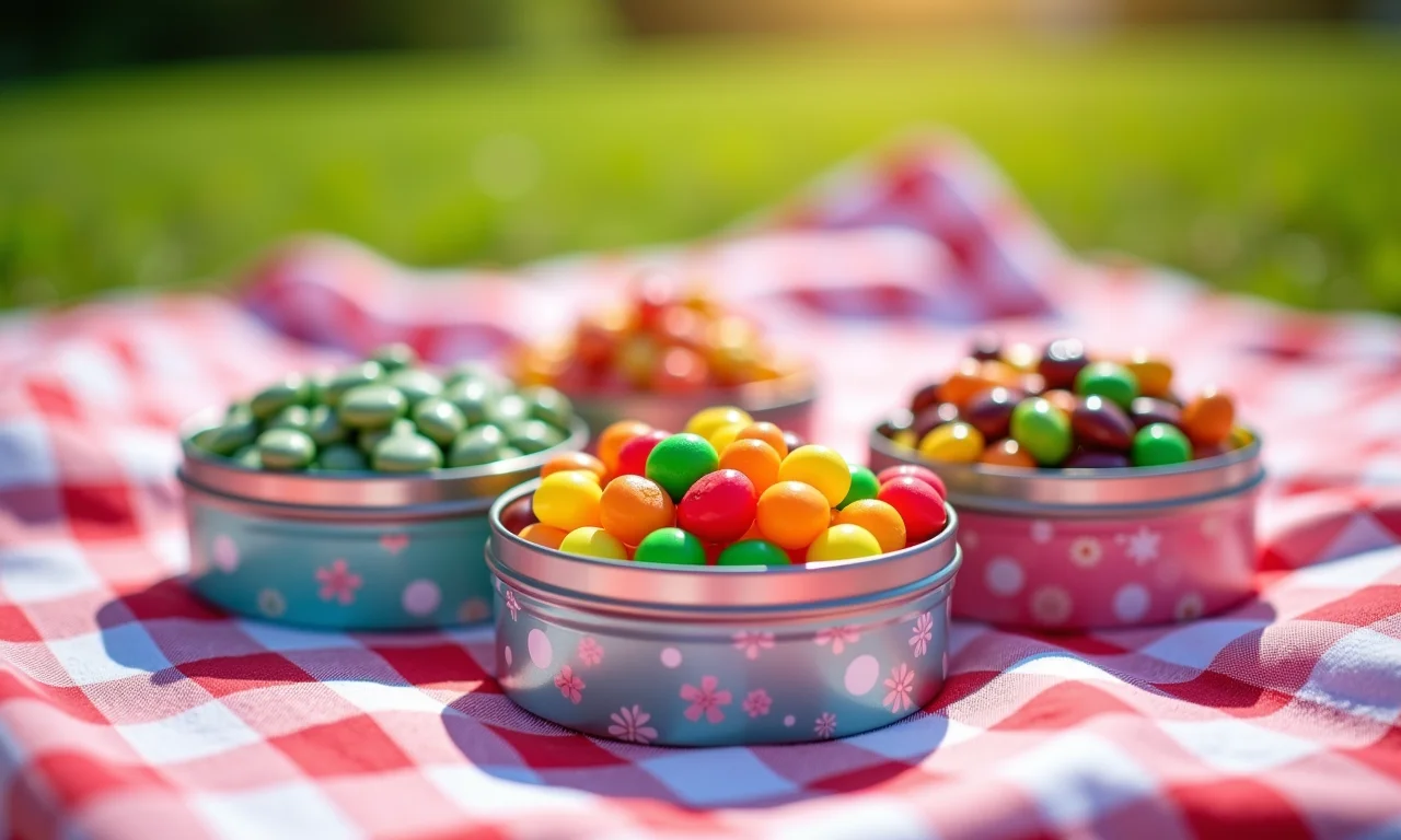 Latinhas decoradas cheias de balas coloridas em manta de piquenique.