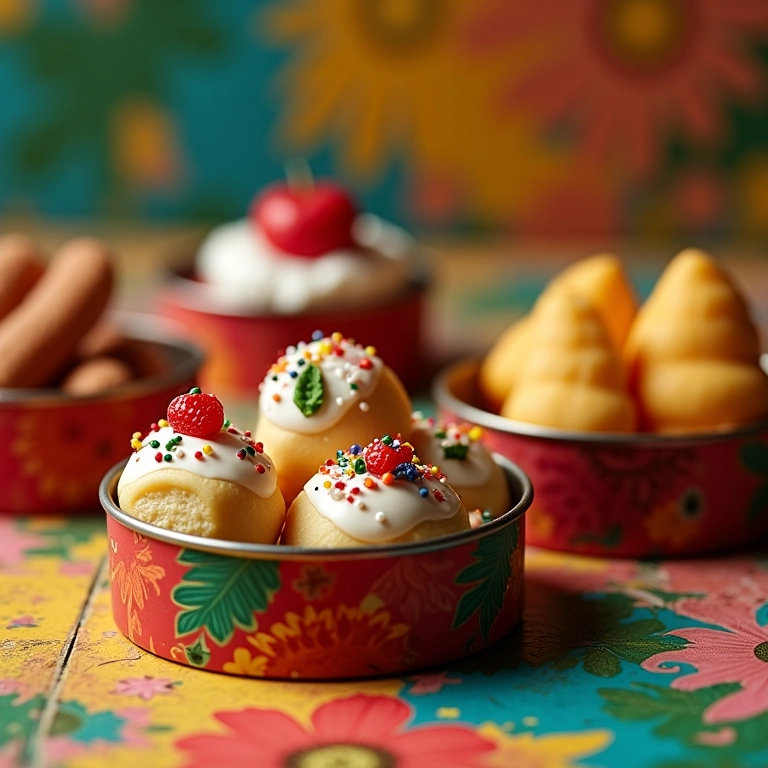 Latinhas decoradas com miniaturas de doces para lembrancinha de Primeira Eucaristia.