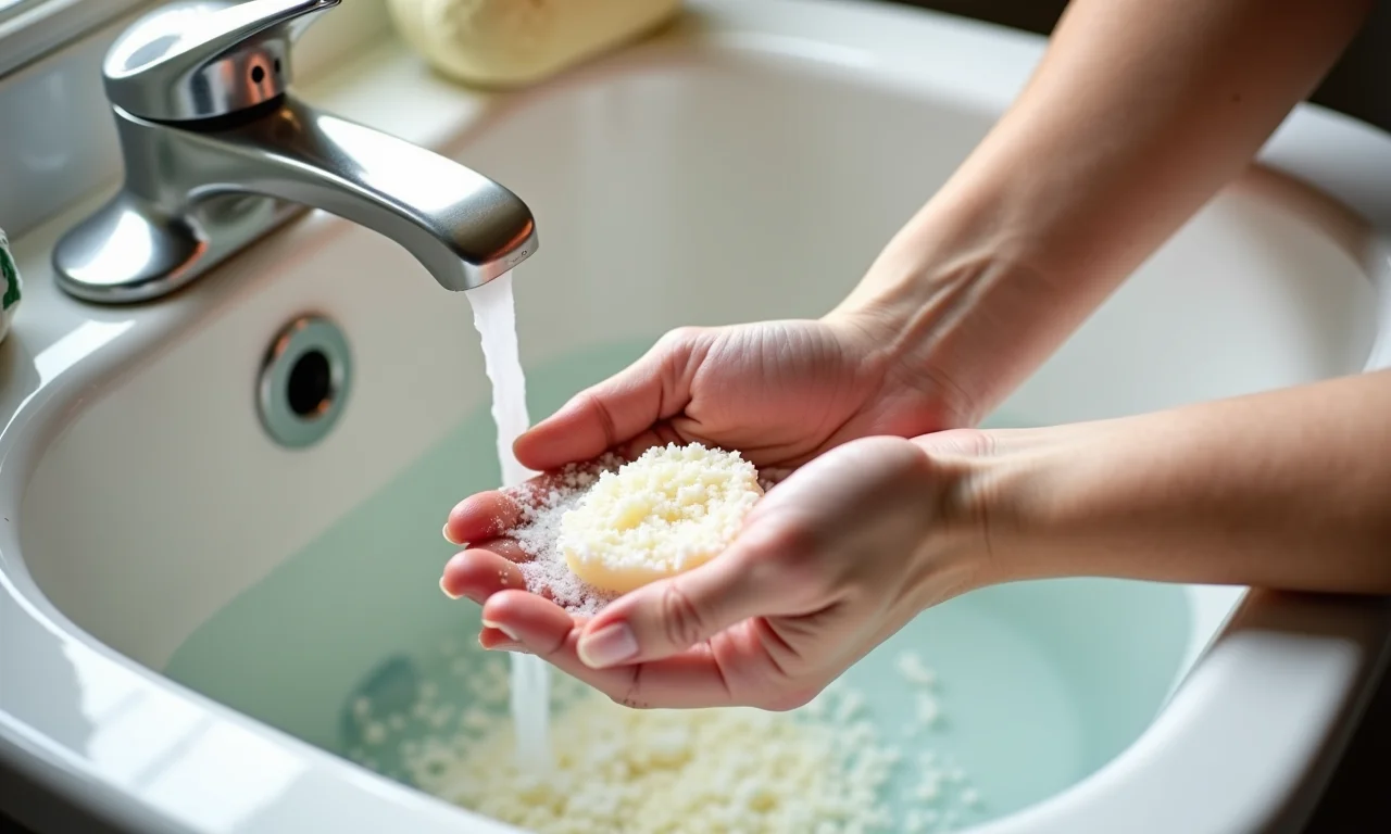 Lavagem de roupas com sabão caseiro em flocos.