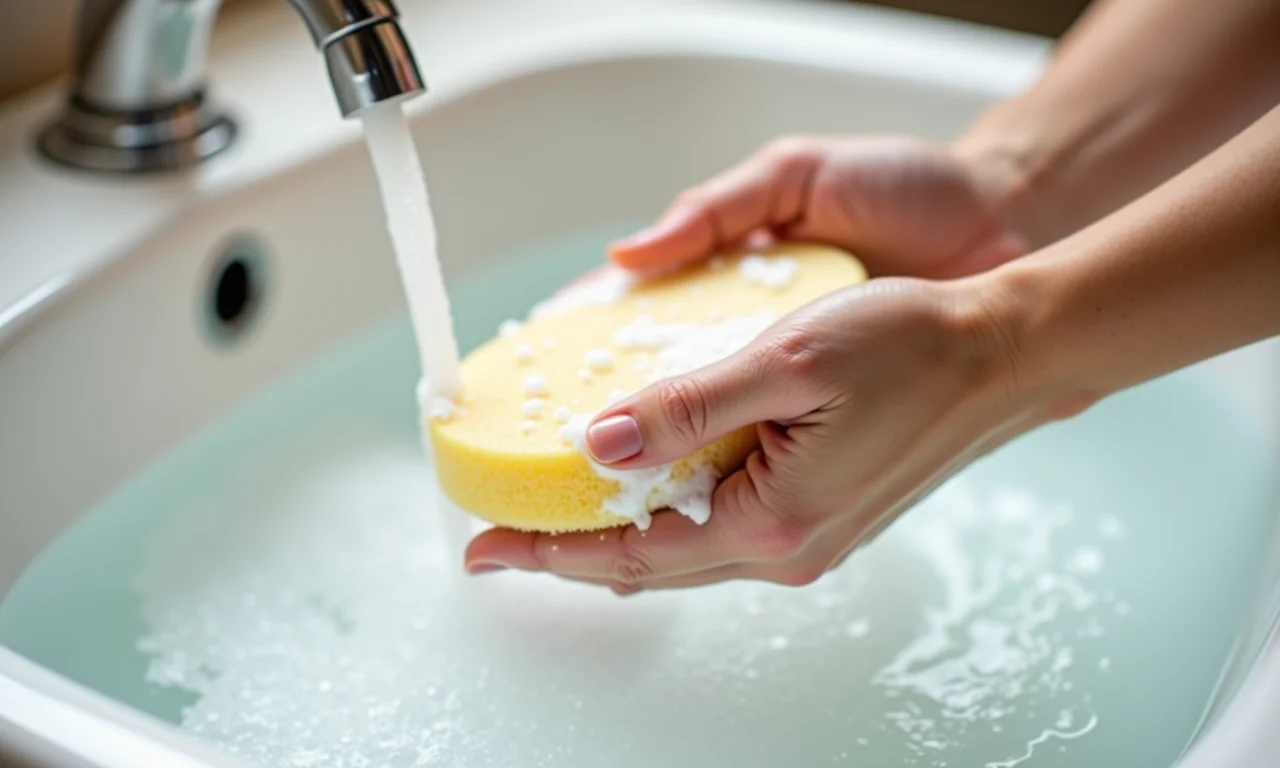 Lavando a esponja de banho personalizada.