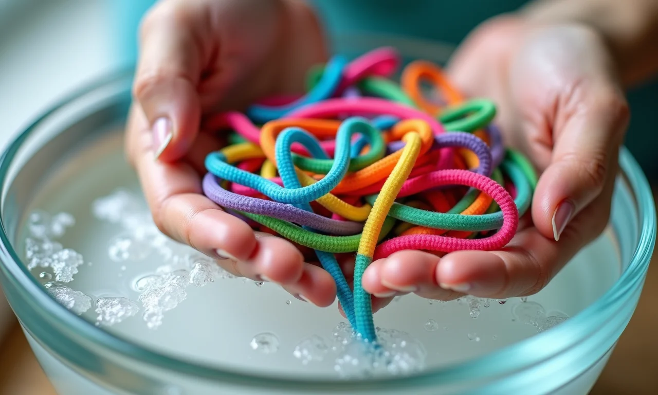 Lavando cadarços elásticos coloridos à mão em água com sabão.