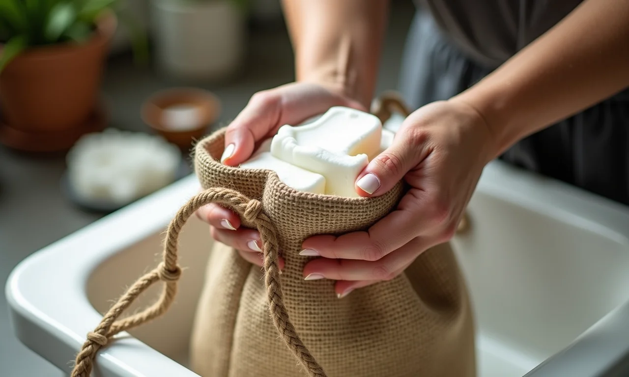Lavando delicadamente um saquinho de juta à mão.