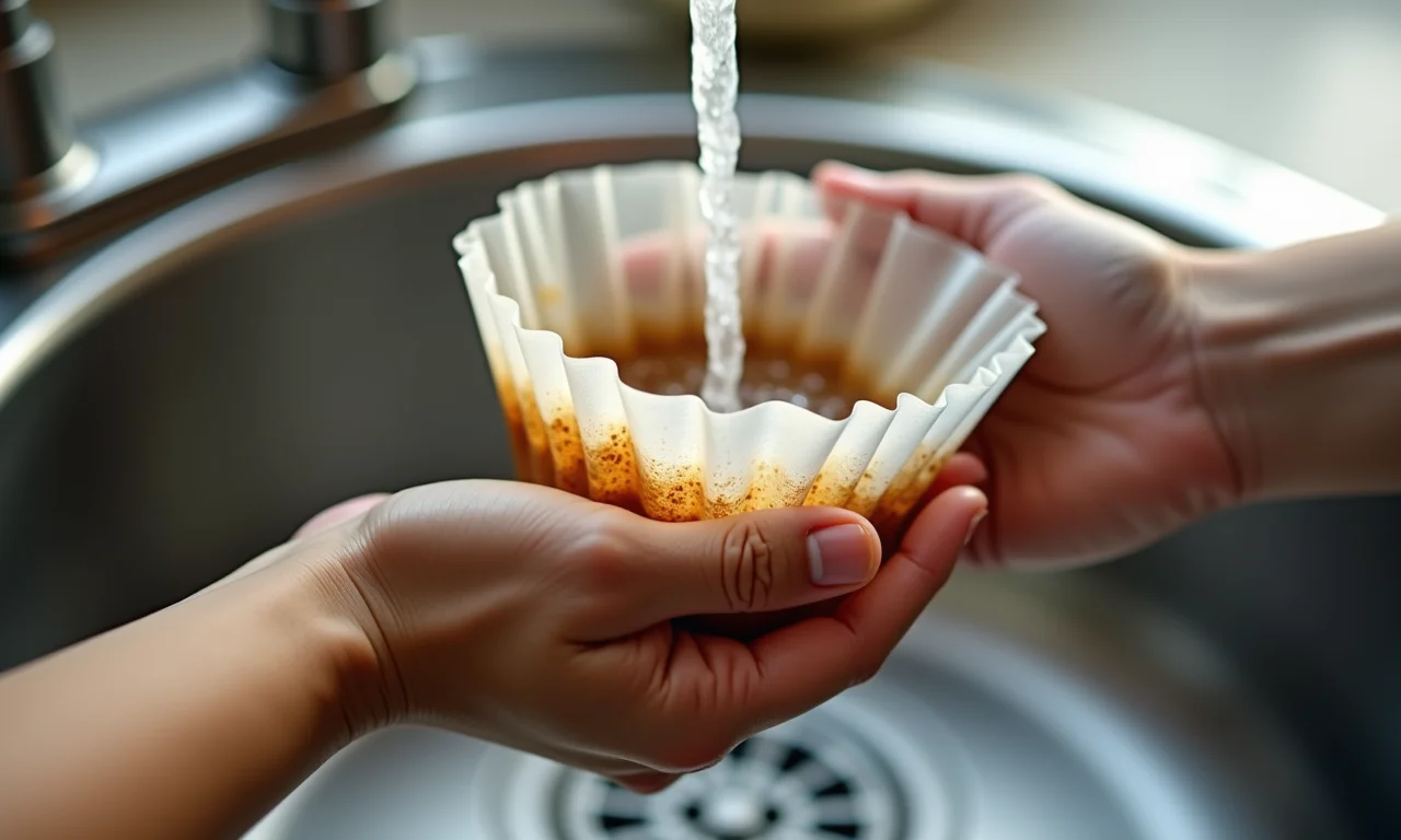 Lavando um coador de pano sob água corrente.