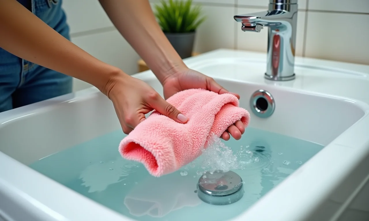 Lavando um tapete de tecido colorido na máquina de lavar.