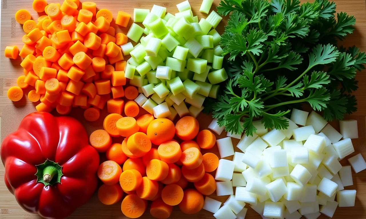 Legumes frescos e coloridos, como cenoura, salsão e cebola, prontos para turbinar o caldo de peixe.