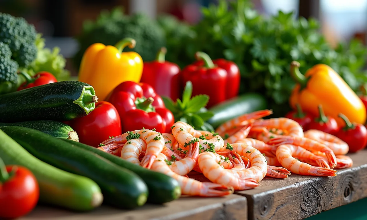 Legumes frescos e frutos do mar de alta qualidade para tempura.
