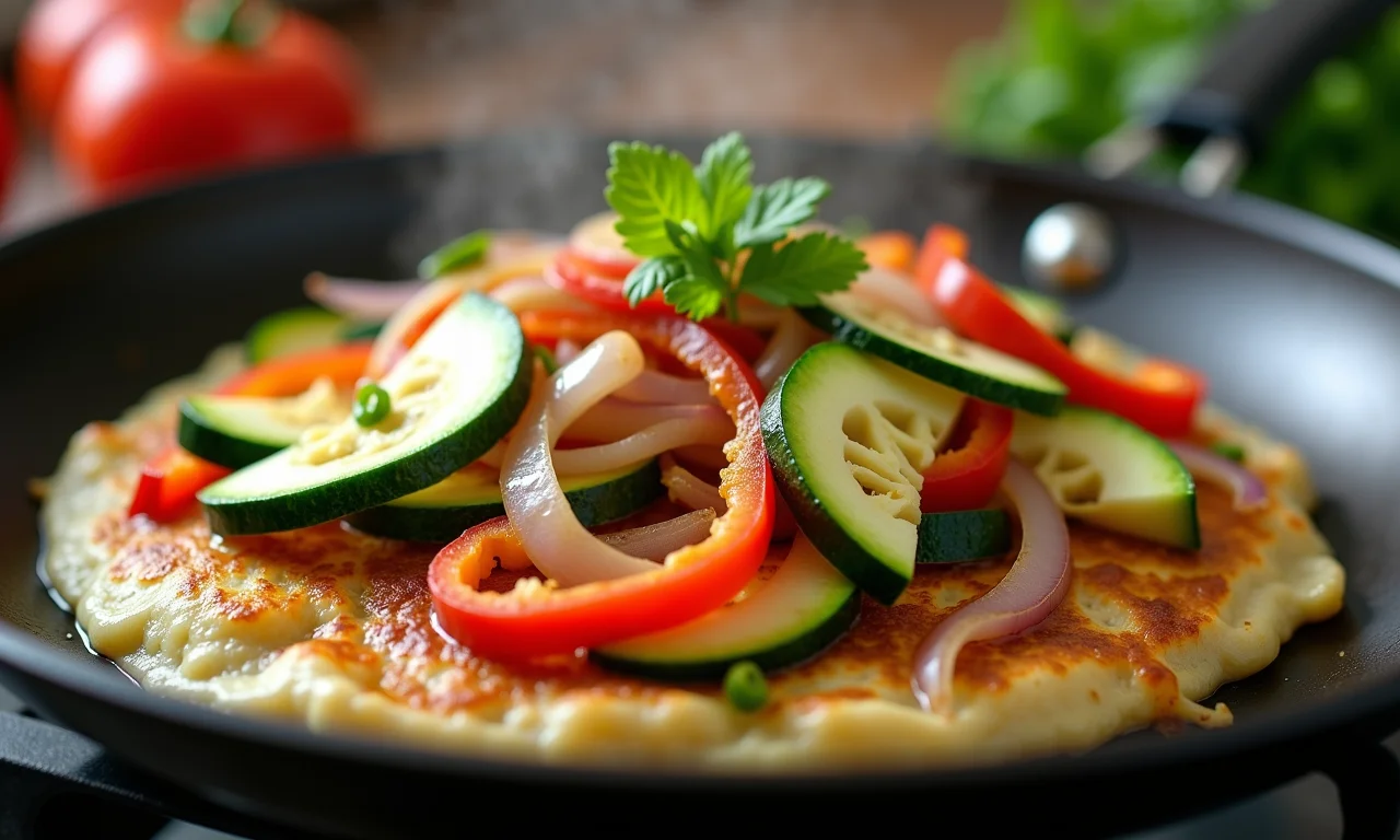 Legumes salteados (abobrinha, pimentões, cebolas) sendo mexidos em uma panela.