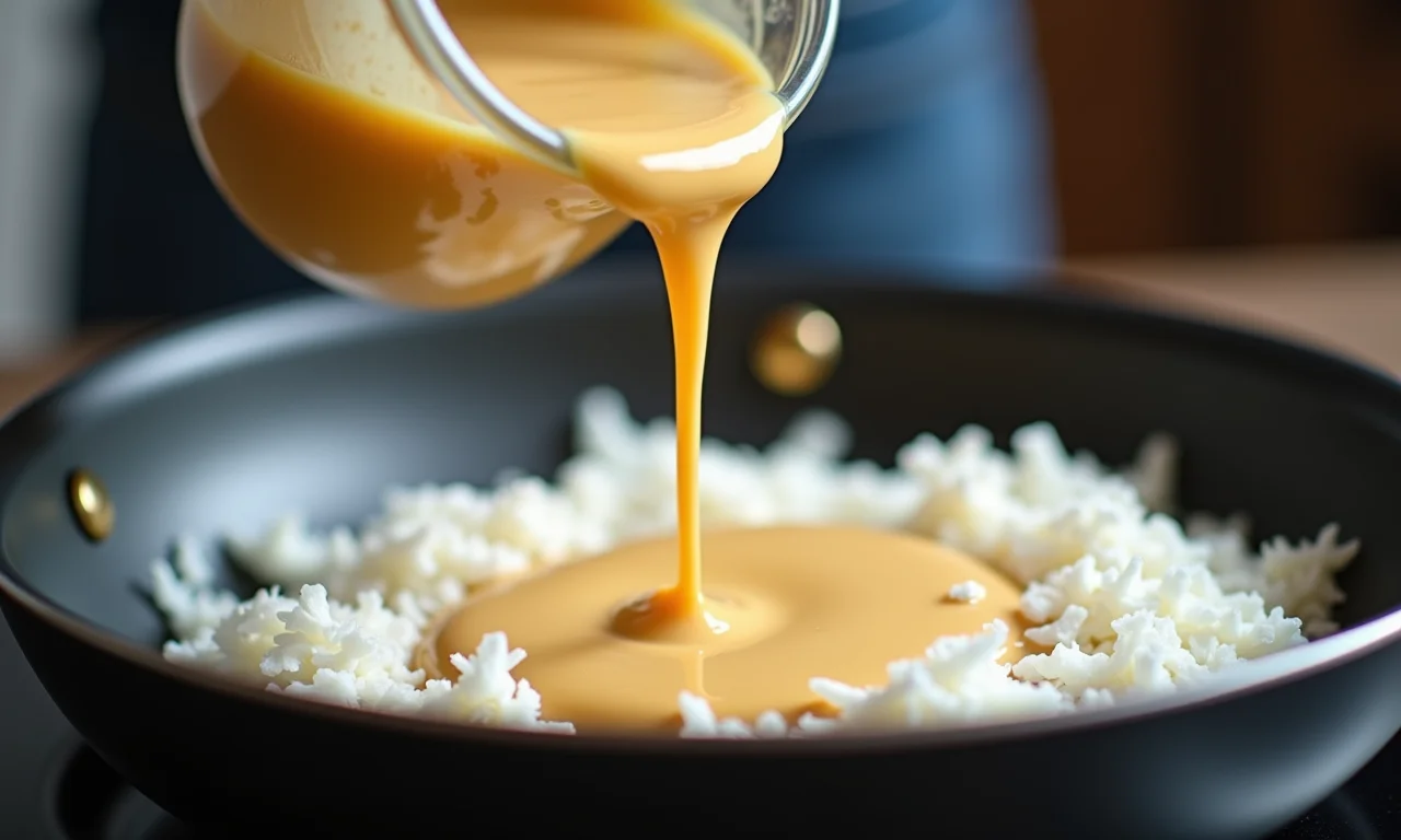 Leite condensado cremoso sendo derramado em coco ralado.