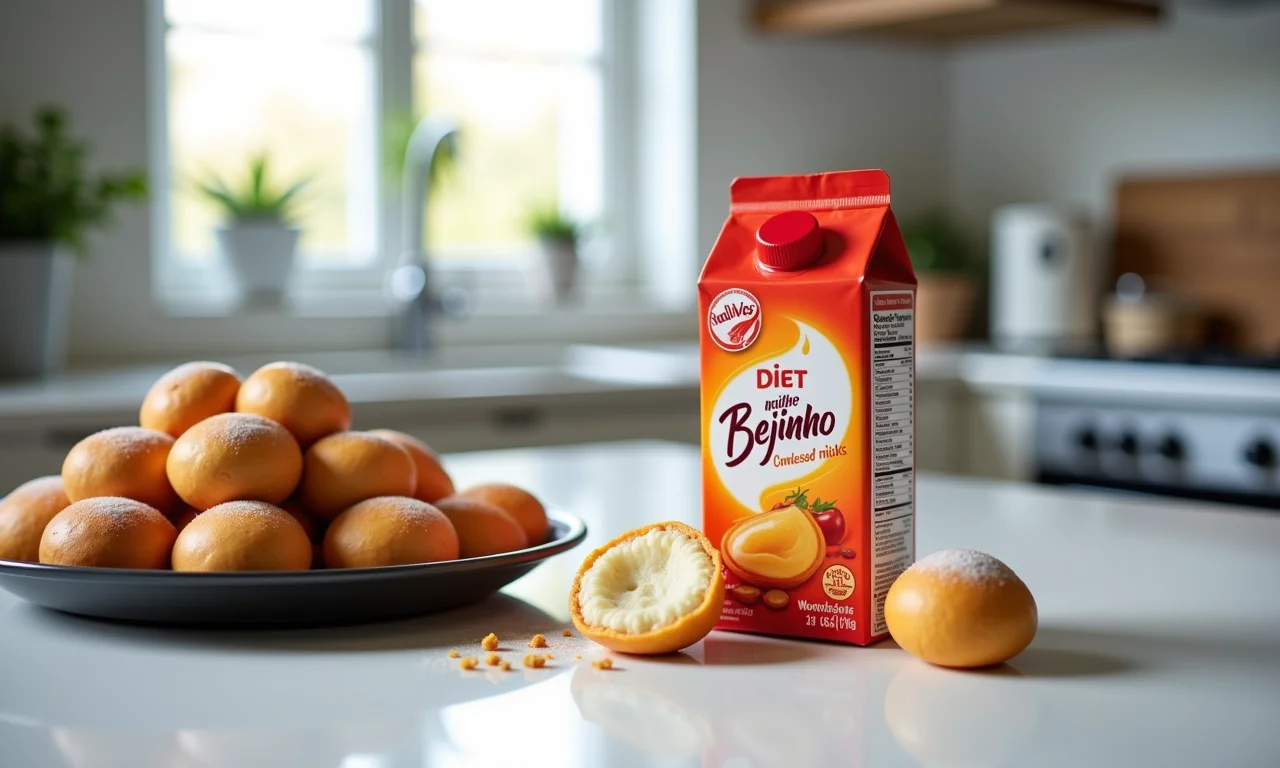Leite condensado diet ao lado de beijinhos frescos.