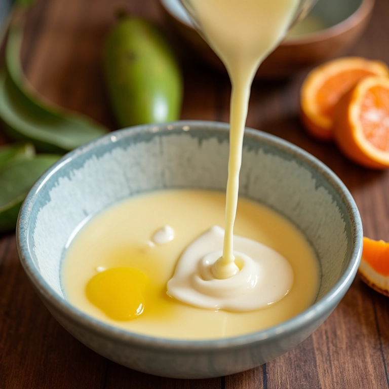 Leite de coco e óleo de argan sendo misturados para shampoo caseiro.