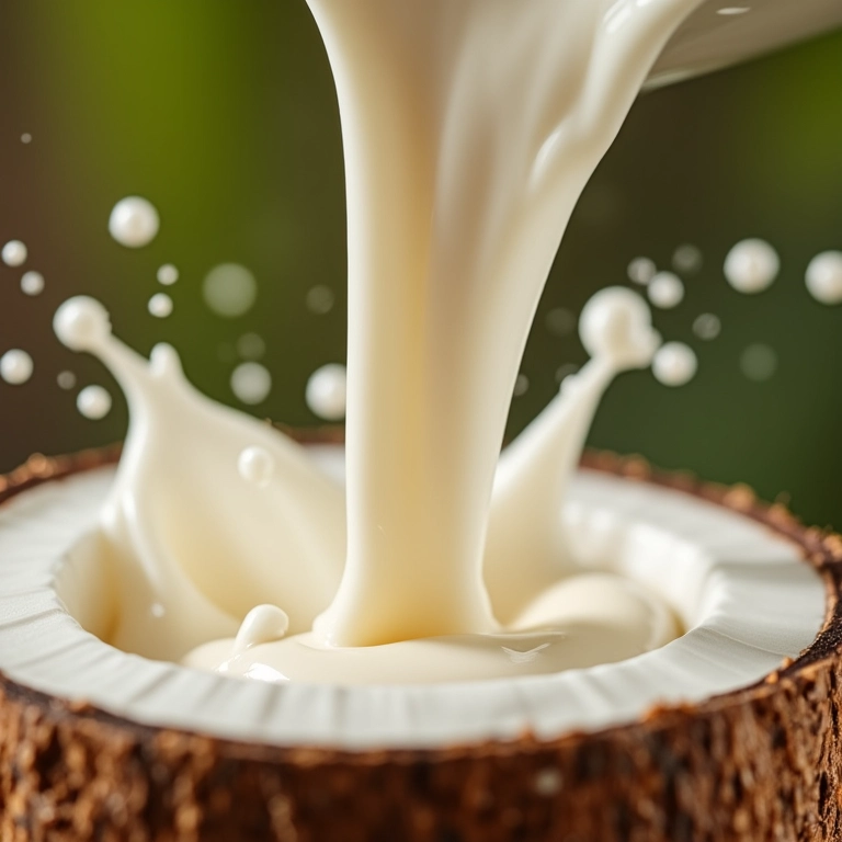 Leite de coco fresco sendo despejado na canjica, conferindo cremosidade.