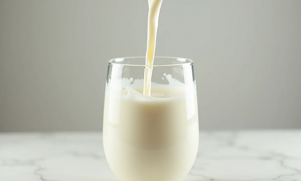 Leite integral sendo derramado em um copo.