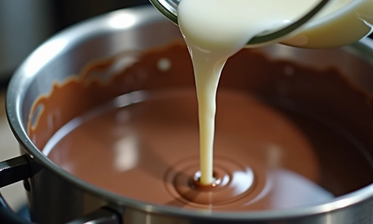 Leite integral sendo derramado em uma panela para o chocolate quente.