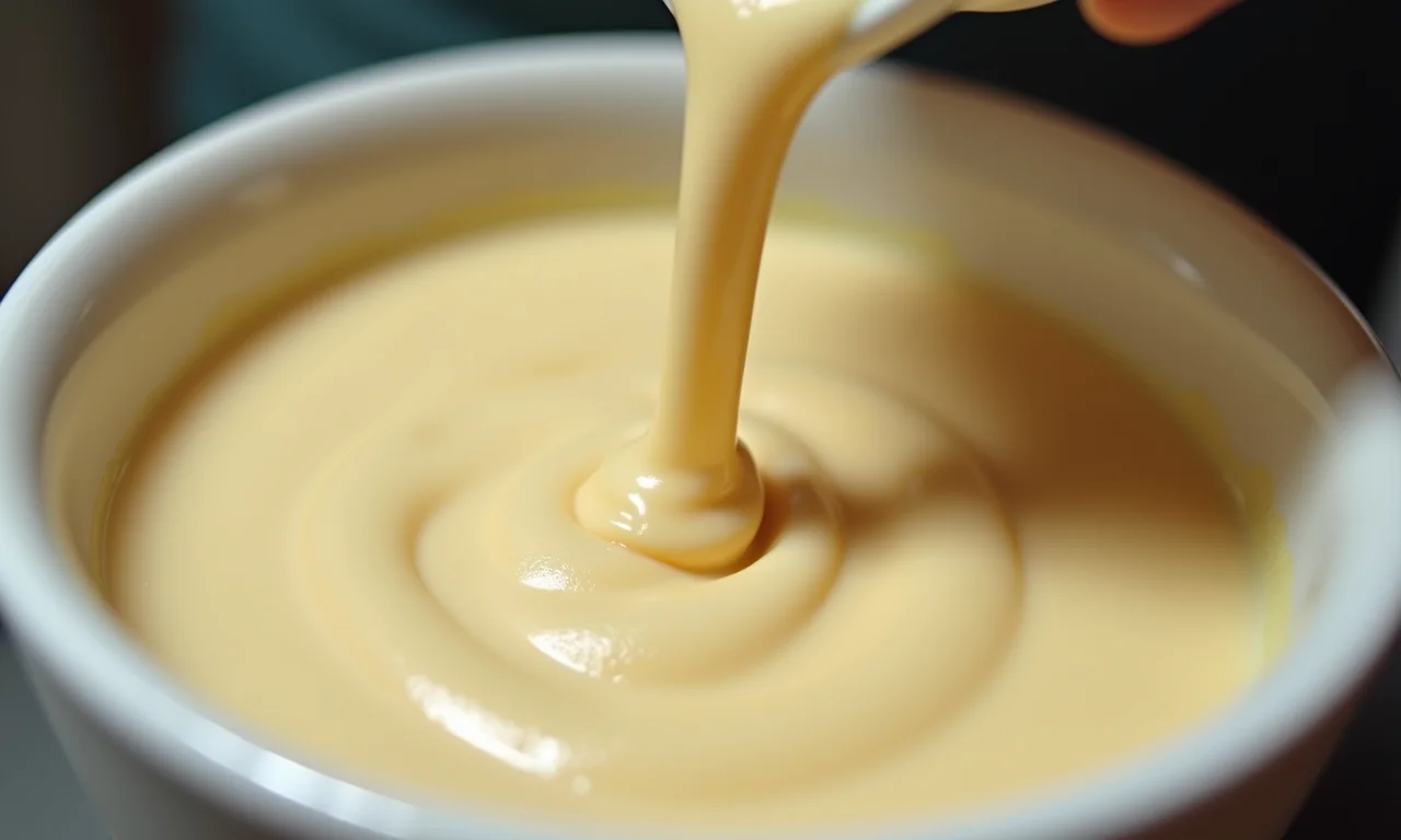 Leite vegetal sendo adicionado à mistura do pudim de microondas.