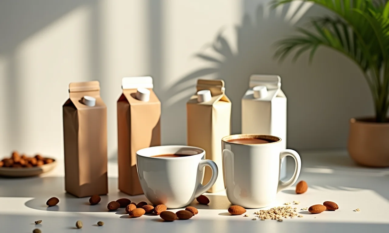 Leites vegetais (amêndoa, aveia, soja) ao lado de chocolate quente.