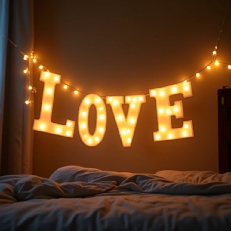 Letra luminosa com fio de luz no quarto.