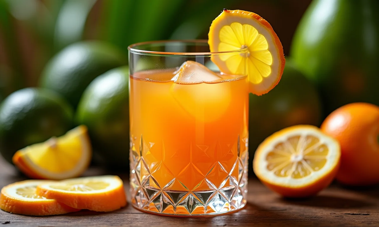 Licor de pequiá em taça de cristal, fundo com frutas tropicais.