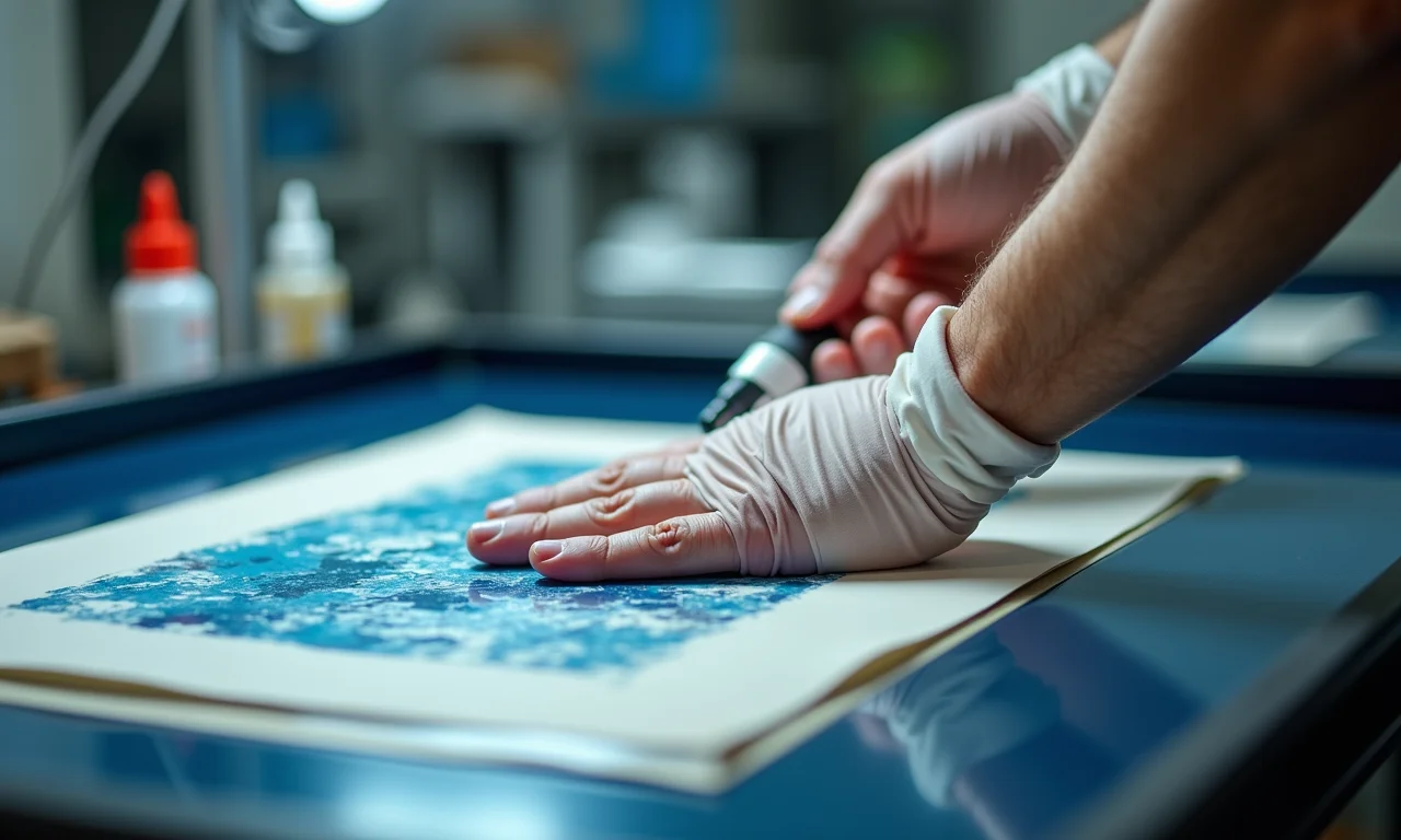 Limpando a tela serigráfica após o uso.