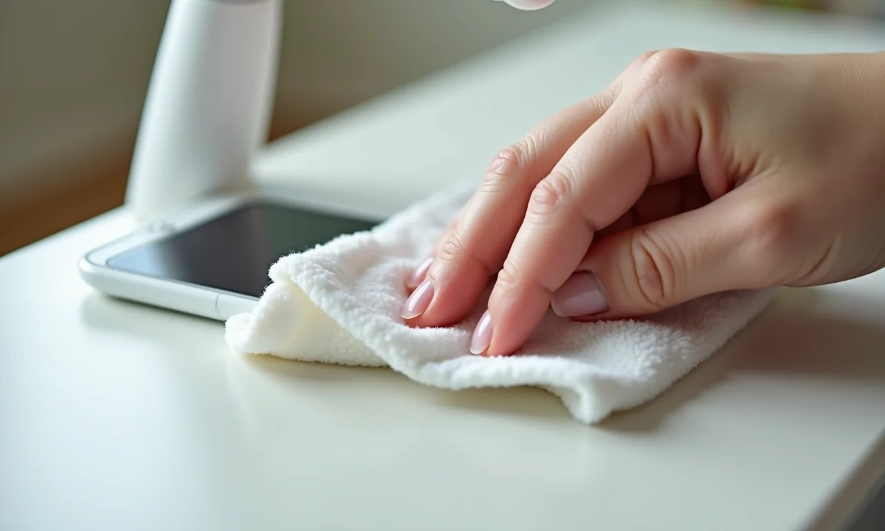 Limpando o mobile de berço com um pano macio.
