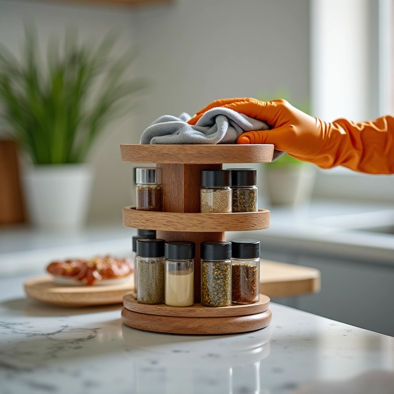 Limpando um porta condimentos giratório de madeira.