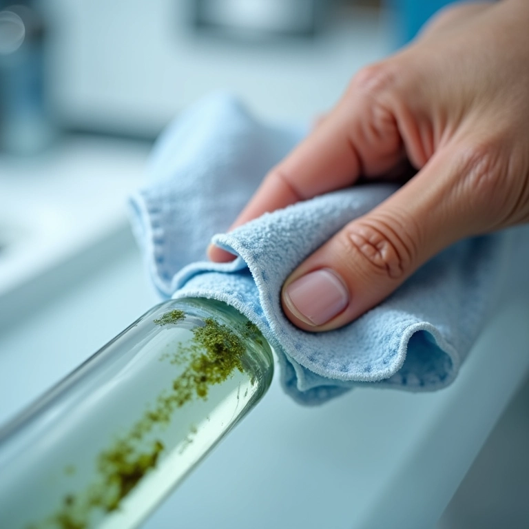 Limpeza de um tubo de filtro UV, removendo algas com um pano.