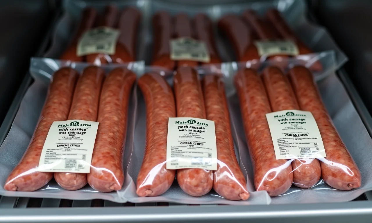 Linguiça de porco com queijo embalada para conservação.