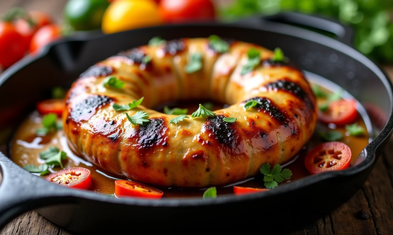 Linguiça de porco com queijo sendo grelhada.