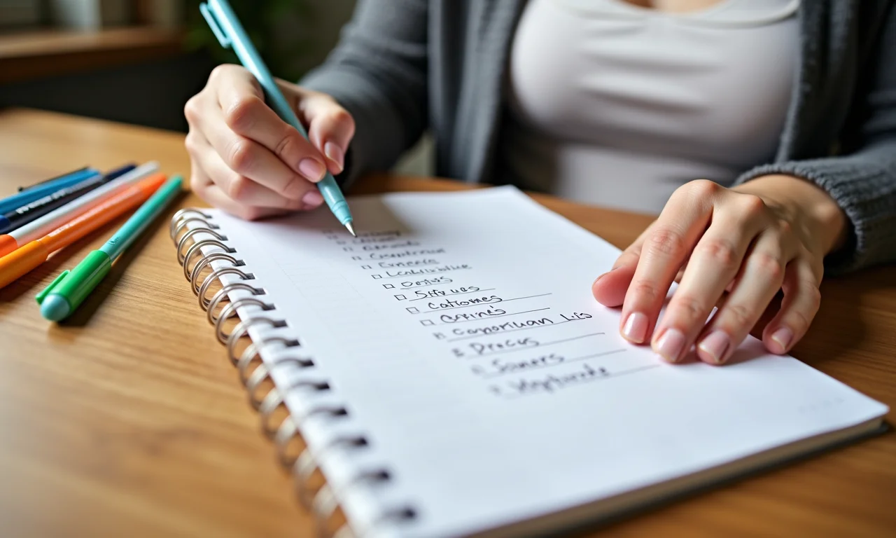 Lista de compras dividida por categorias com canetas coloridas.