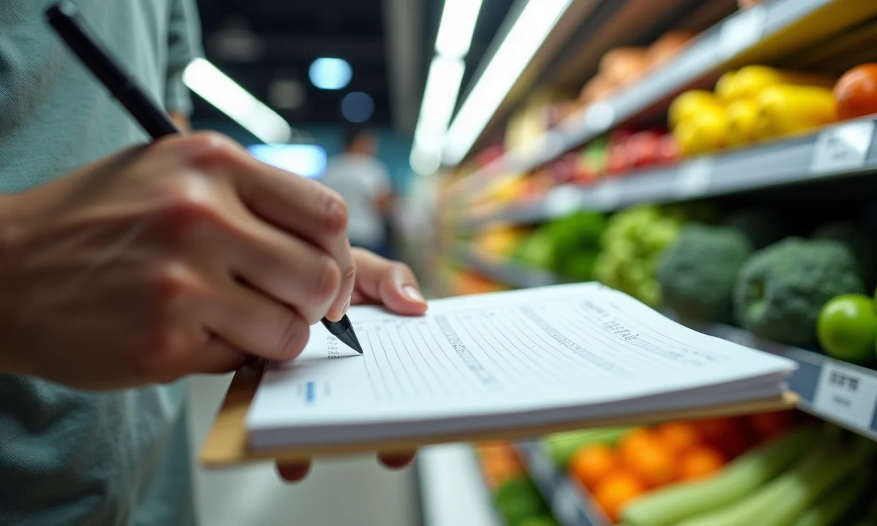 Lista de compras sendo riscada em supermercado brasileiro.