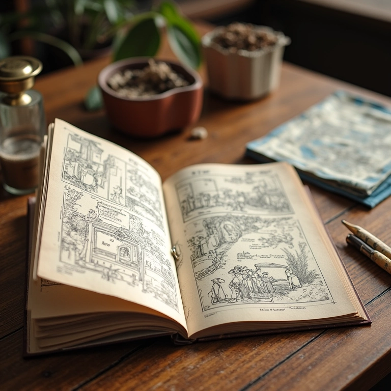 Livro de moldes aberto sobre mesa com materiais de costura.