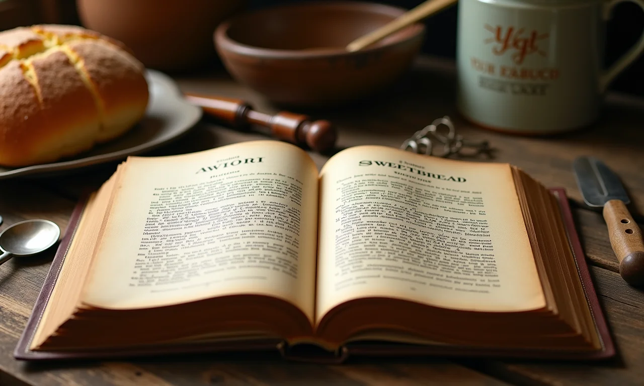 Livro de receitas antigo aberto na página de pão de doce.