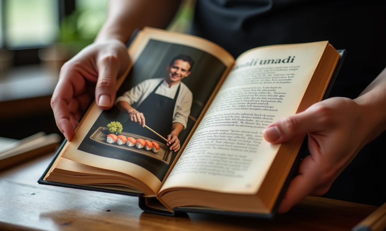 Livro sobre a história do temaki com foto vintage de sushiman.