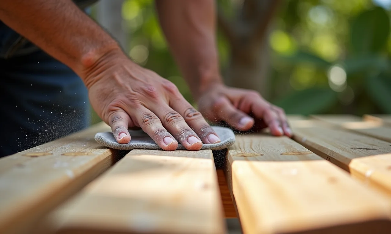 Lixando espreguiçadeira para um acabamento impecável.