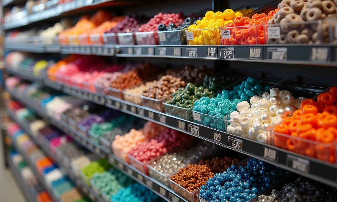 Loja com variedade de miçangas e materiais para pulseiras.