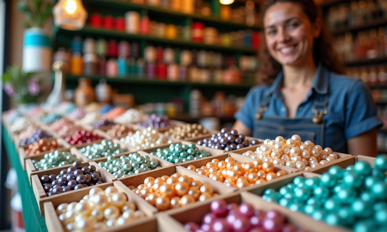 Loja com variedade de pérolas e materiais para customização.