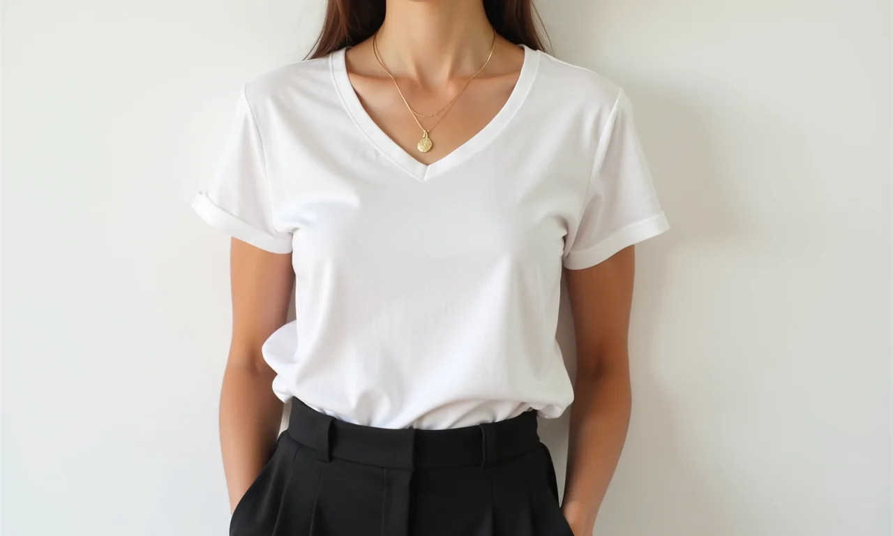 Look minimalista: camiseta branca, calça preta de alfaiataria, joias douradas simples.