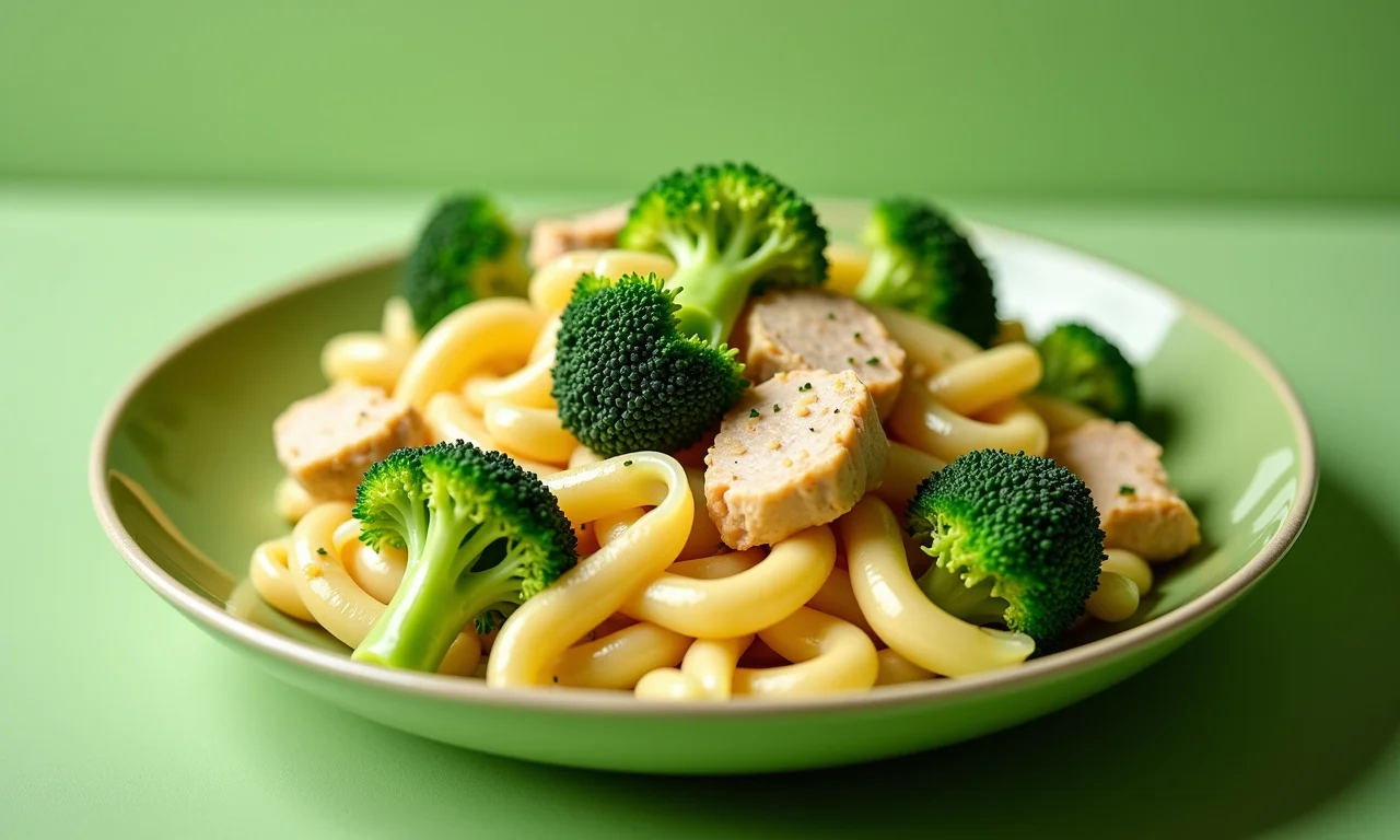 Macarrão com frango, creme de leite e brócolis, cores vibrantes.