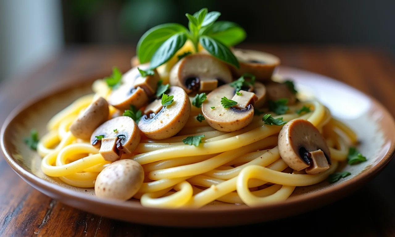 Macarrão com frango, creme de leite e cogumelos em um prato elegante.