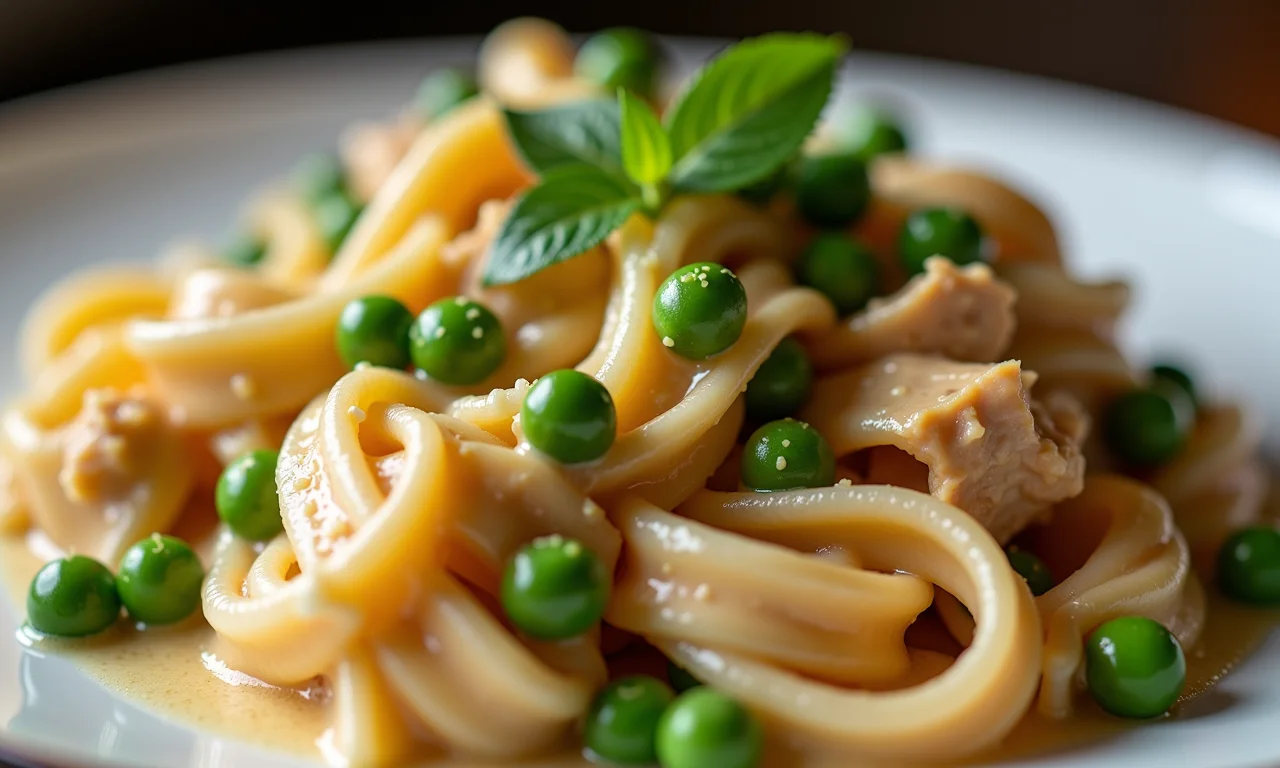 Macarrão com frango, creme de leite e ervilhas, detalhes.
