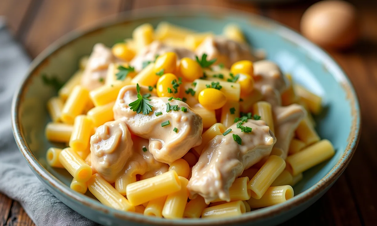 Macarrão com frango, creme de leite e milho, vista superior.