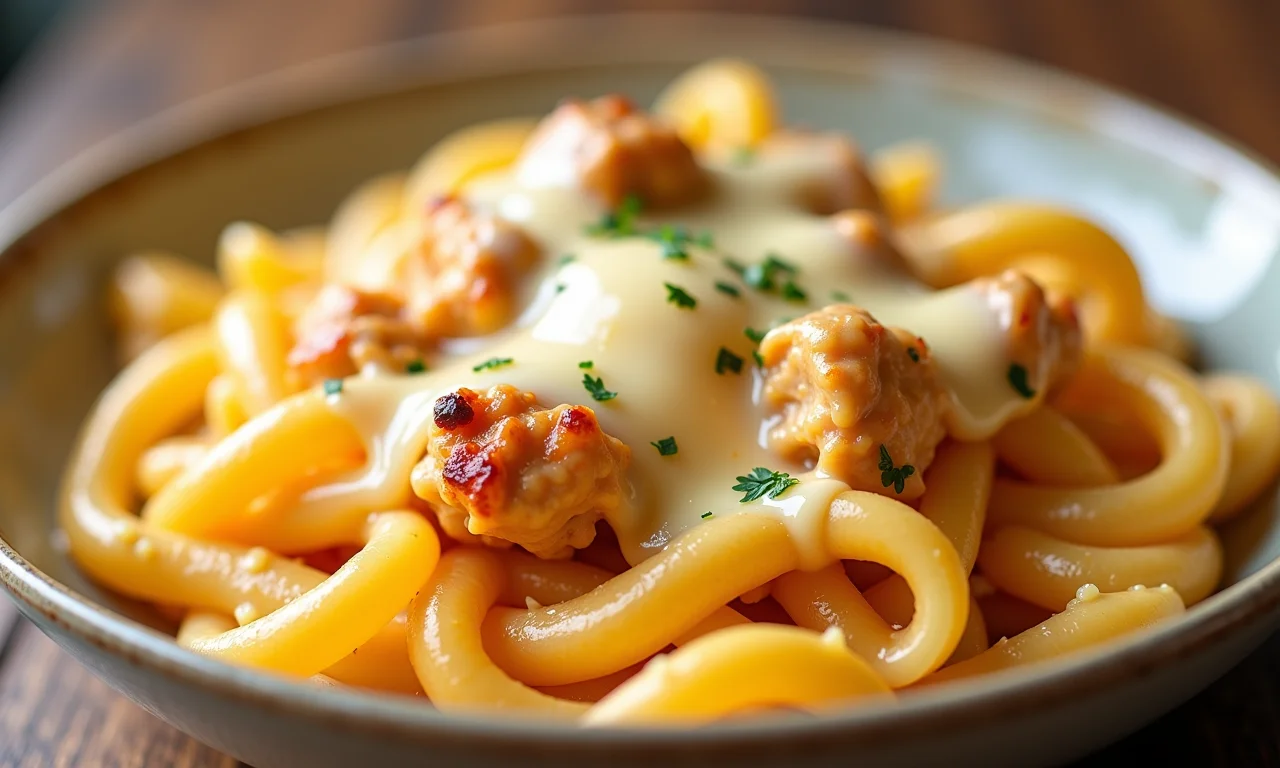 Macarrão com frango, creme de leite e queijo gratinado.