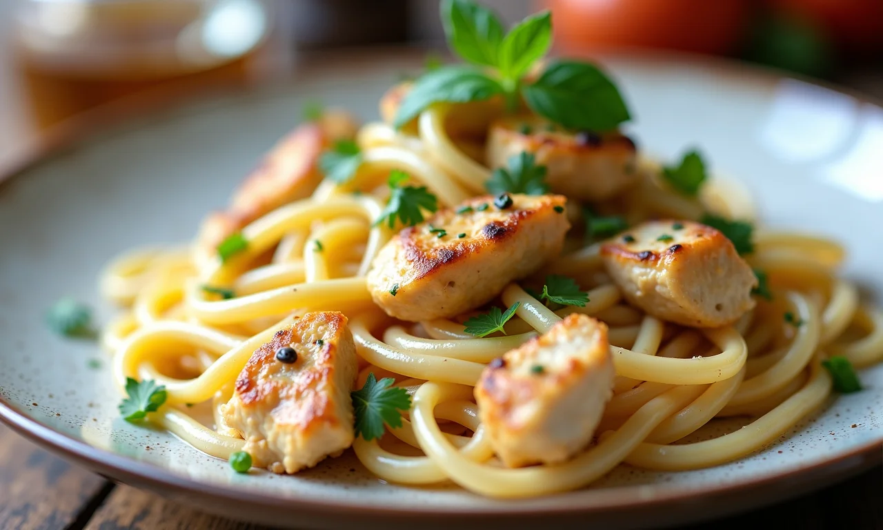 Macarrão com frango e creme de leite com molho mais leve.