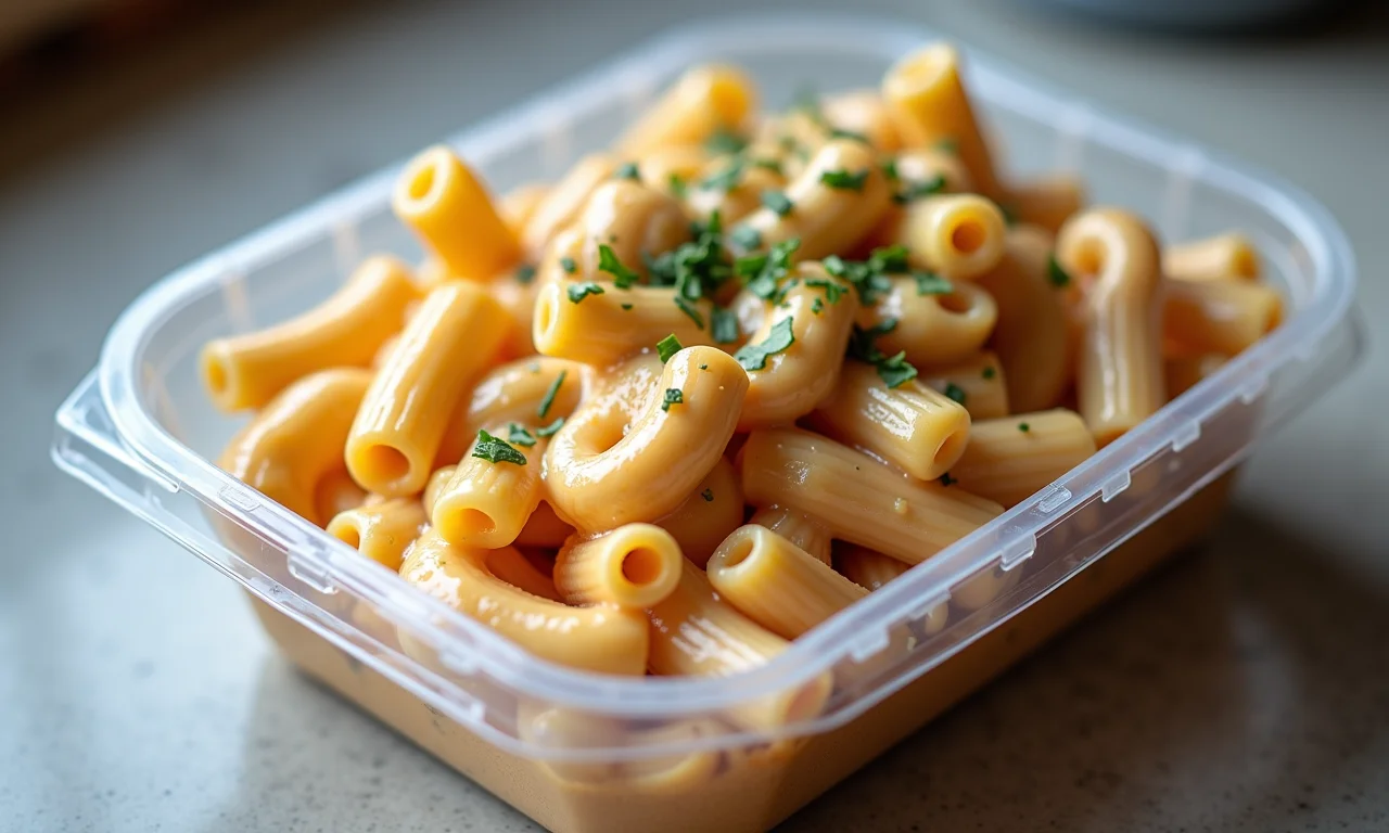 Macarrão com frango e creme de leite congelado em um recipiente.