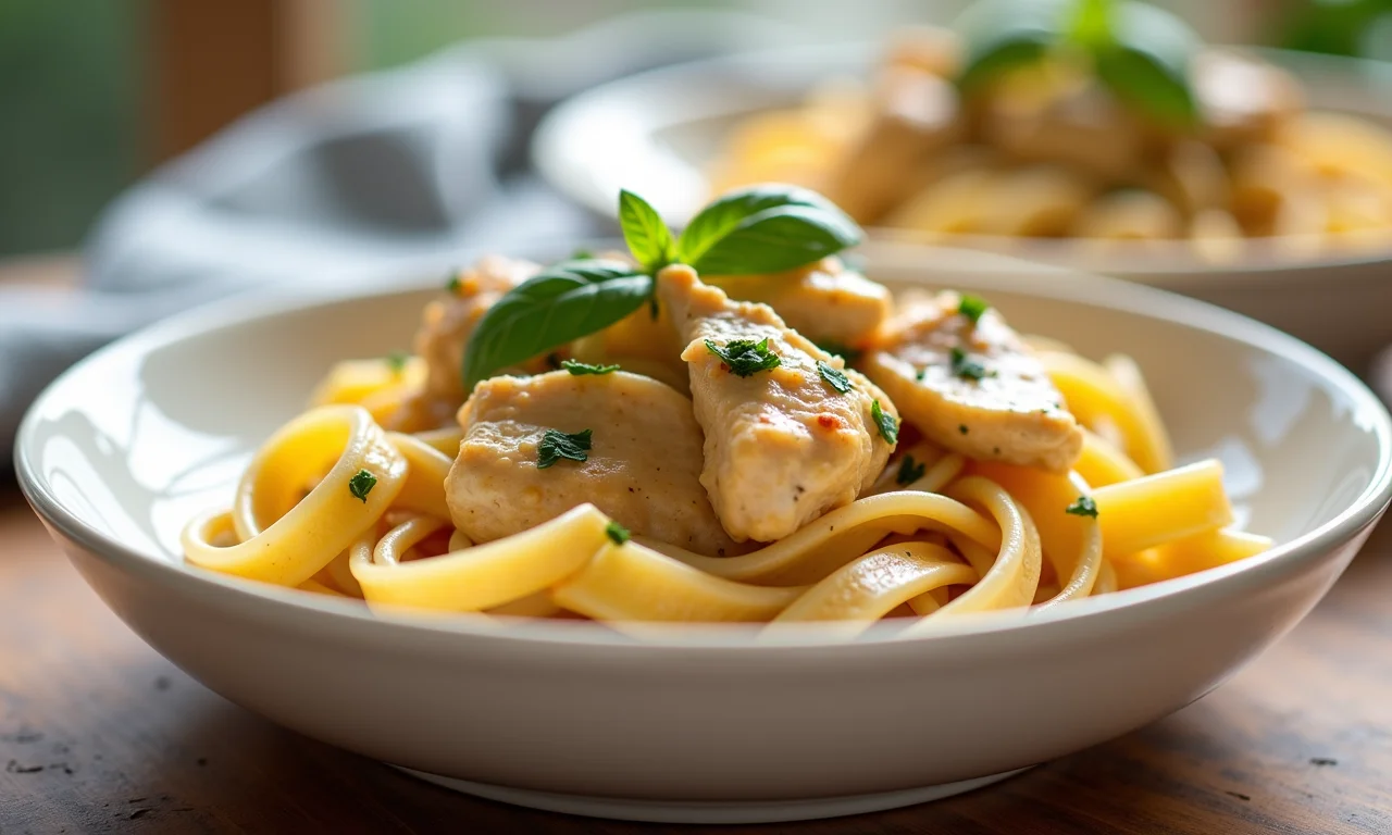 Macarrão com frango e creme de leite vegetal.